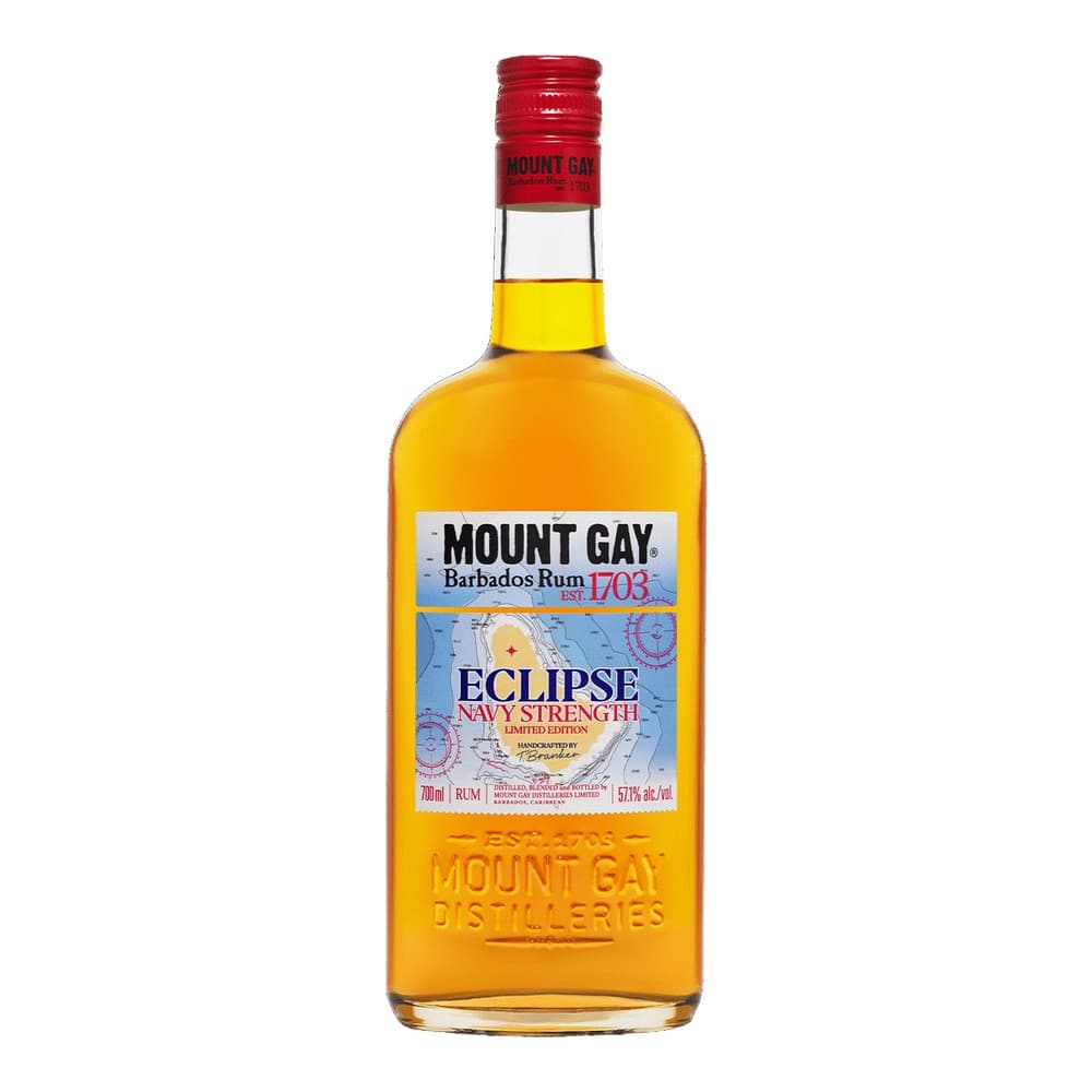 A bottle of Mount Gay Eclipse Navy Strength Limited Edition Barbados rum with a red cap and gold-coloured liquid, displayed against a plain white background.