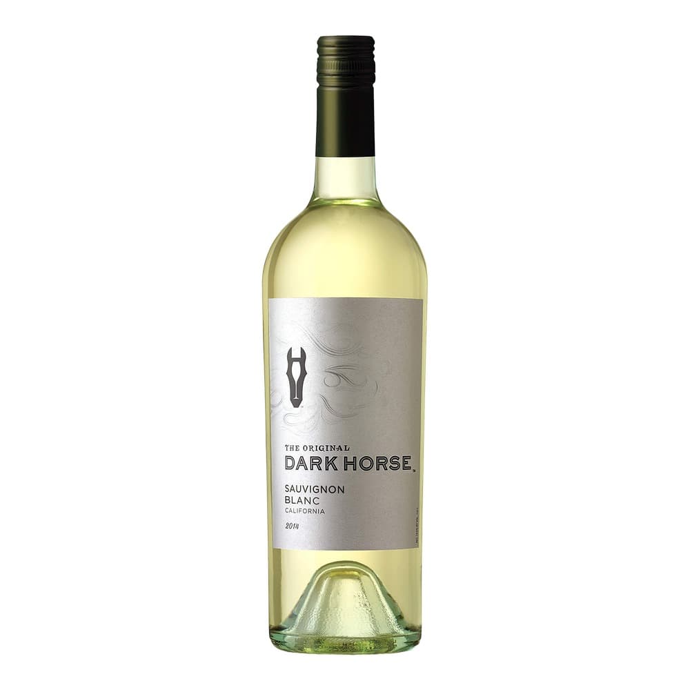 A bottle of Dark Horse Sauvignon Blanc wine from California, 2014 vintage, with pale yellow liquid and black screw cap on a white background.