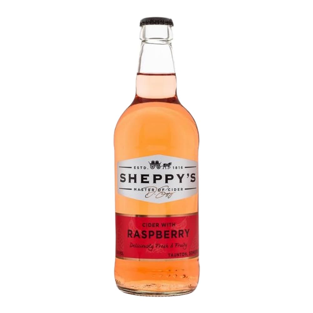 A bottle of Sheppy's raspberry cider with orange liquid and a red label against a white background.