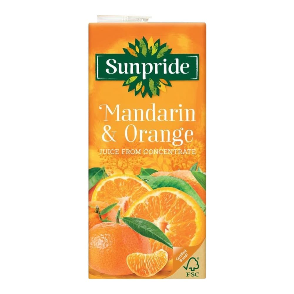 Sunpride Mandarin and Orange juice from concentrate carton featuring oranges and mandarins on an orange gradient background