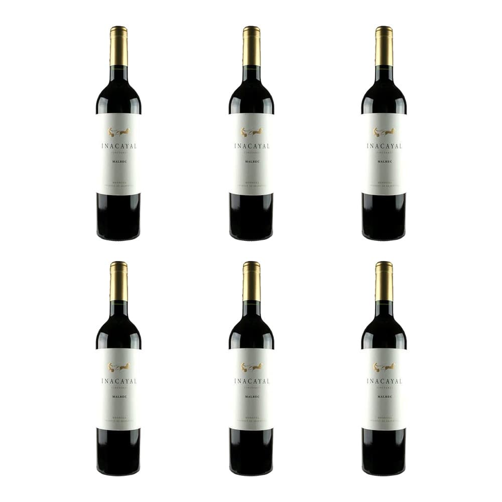 Six bottles of Inacayal Malbec red wine arranged in two rows against a white background, each with a gold foil cap and cream label.