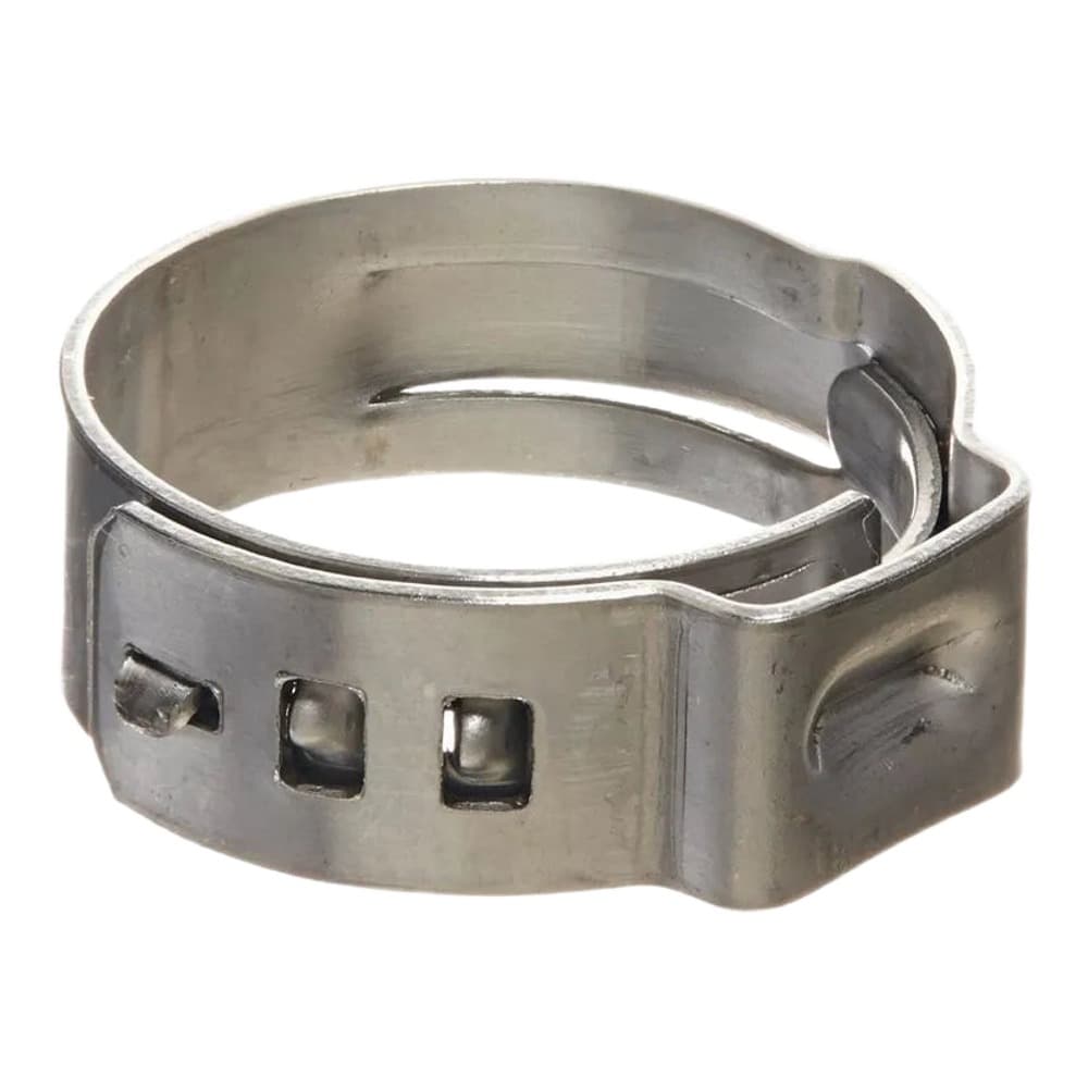 A metallic hose clamp with a screw mechanism and decorative square perforations, photographed against a white background.