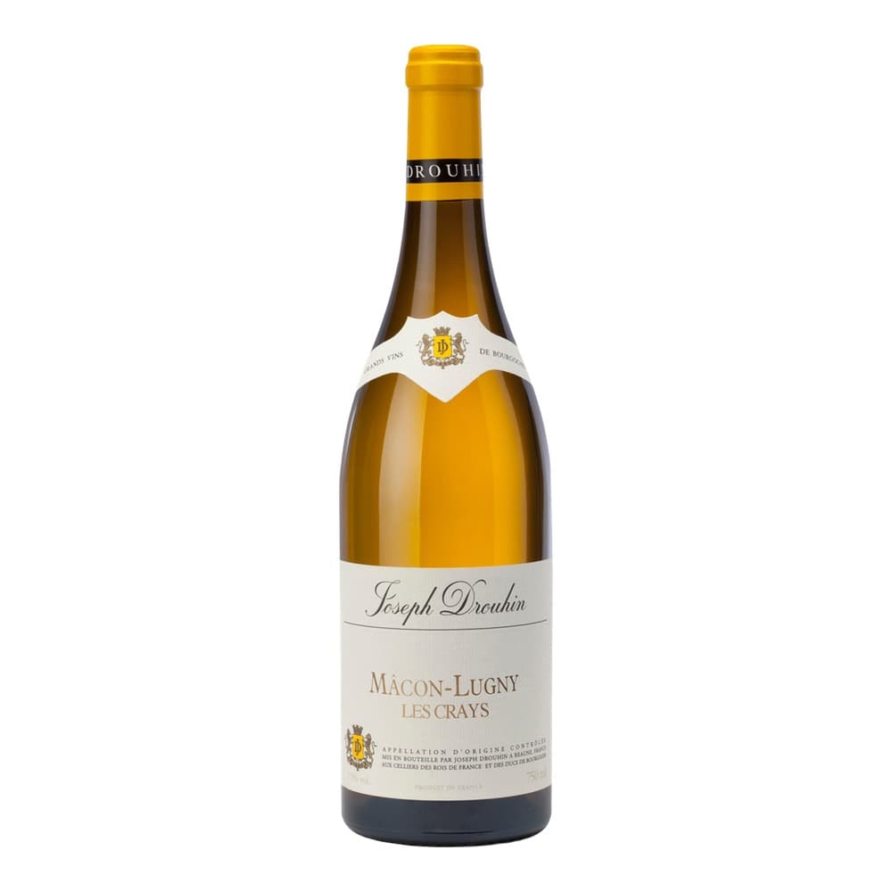 A bottle of Joseph Drouhin Mâcon-Lugny Les Crays white wine with a yellow capsule and white label, photographed against a plain white background.