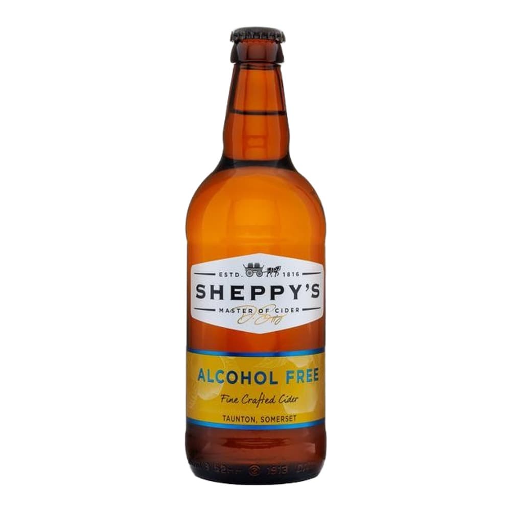 A bottle of Sheppy's Alcohol Free Fine Crafted Cider with orange label against white background