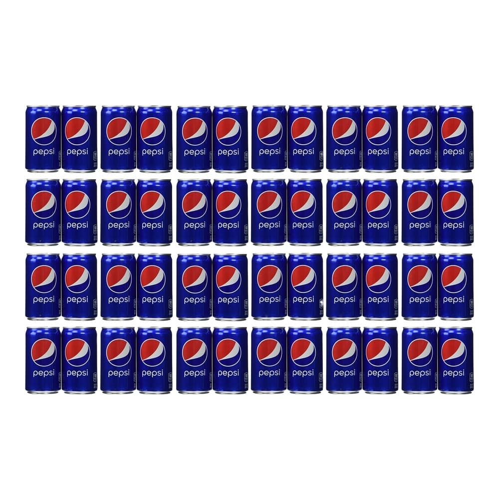 Forty-eight blue Pepsi cola cans arranged in a grid pattern on a white background, each featuring the iconic red and white Pepsi logo and white text.