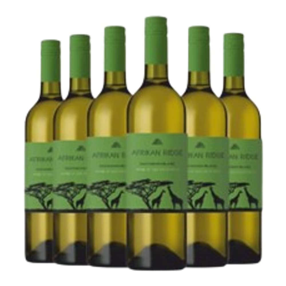 Six clear glass bottles of white wine with green labels arranged in a row against a white background.