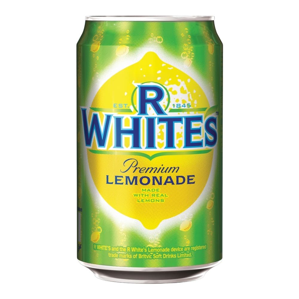 A green and yellow aluminium can of R White's Premium Lemonade with a large illustrated lemon on the label, established 1845.