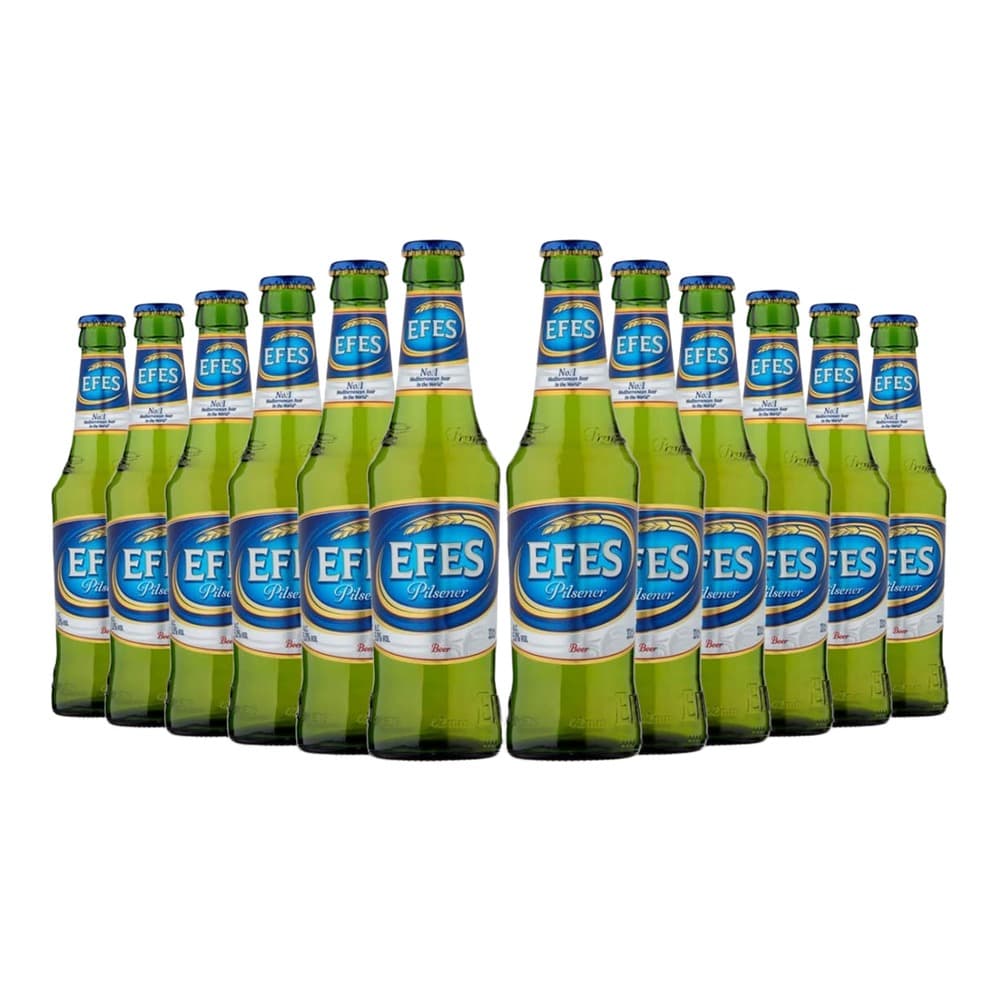A collection of twelve green glass Efes Pilsener beer bottles arranged in a semi-circular formation against a white background.