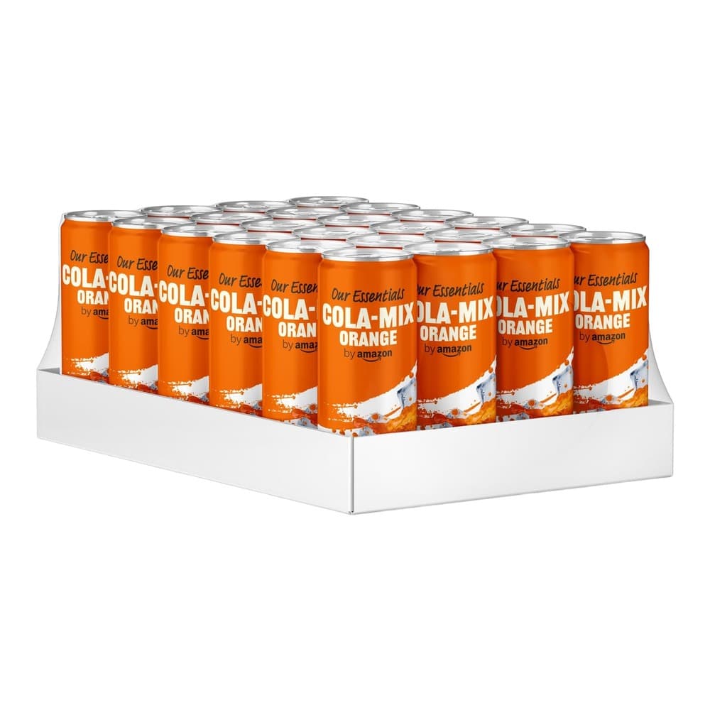 A white cardboard box containing multiple orange cans of Our Essentials Cola-Mix Orange soft drink by Amazon, displayed on a plain white background.