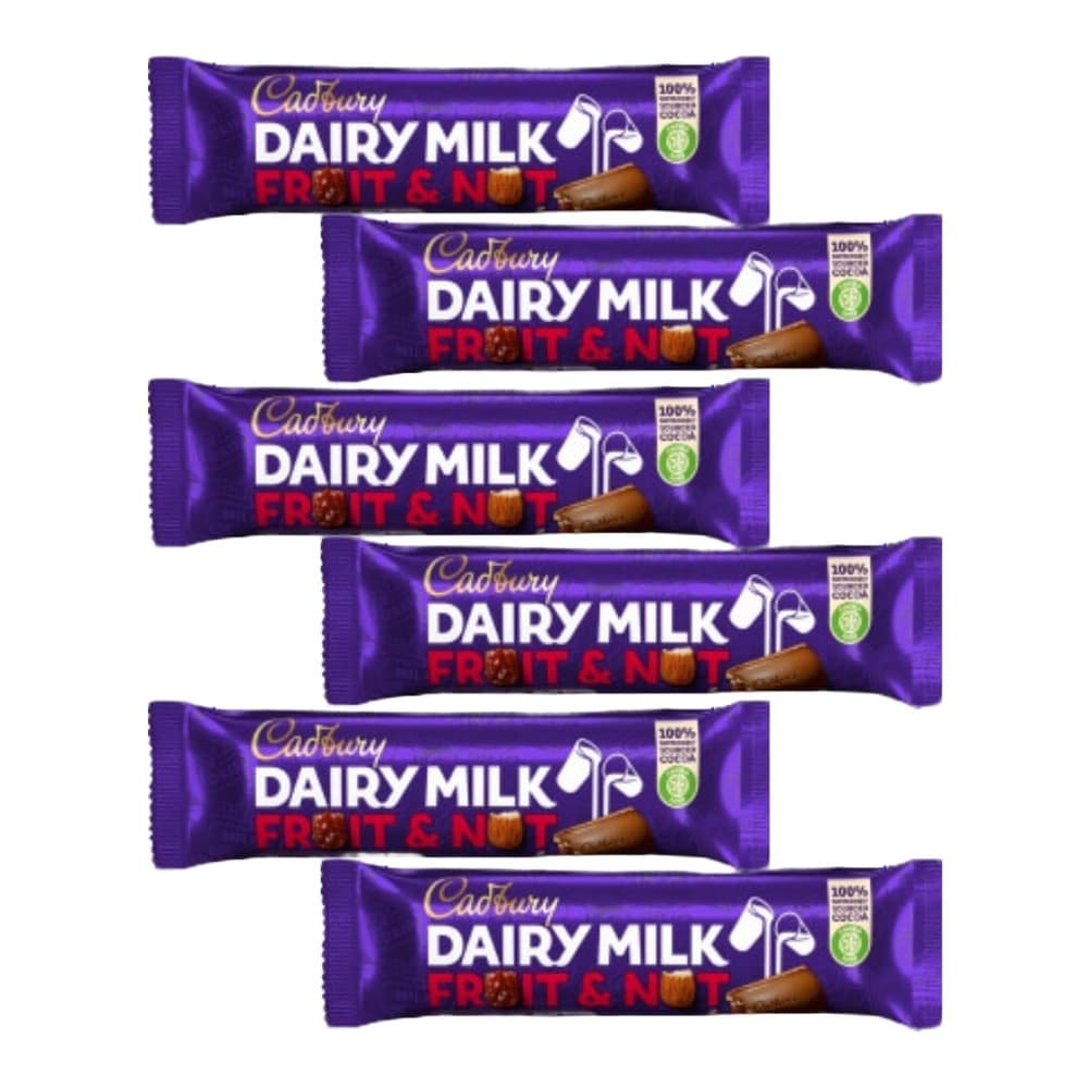 Six Cadbury Dairy Milk Fruit & Nut chocolate bars arranged in a staggered display against a white background