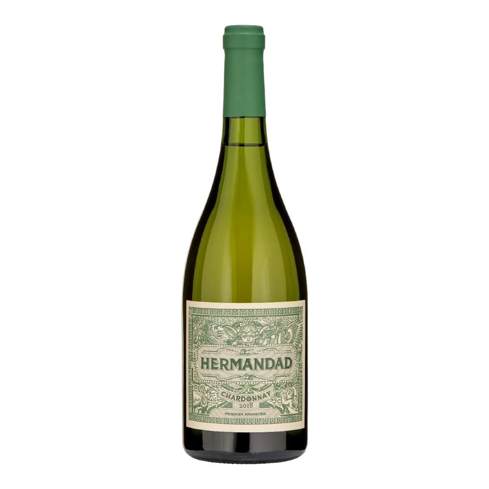 A bottle of Hermandad Chardonnay 2018 white wine from Mendoza, Argentina, featuring a pale yellow-green liquid and an ornate cream label with decorative borders on a plain white background.