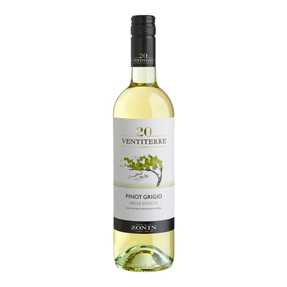 A bottle of Ventiterre Pinot Grigio white wine from the Delle Venezie region, displayed against a plain white background