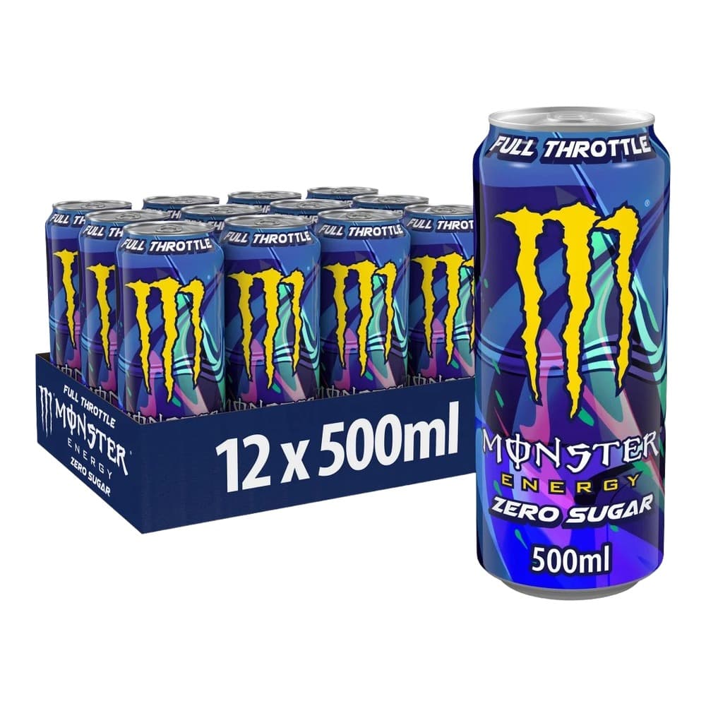 A blue Monster Energy Full Throttle Zero Sugar energy drink can displayed next to its 12-pack carton box on a white background.