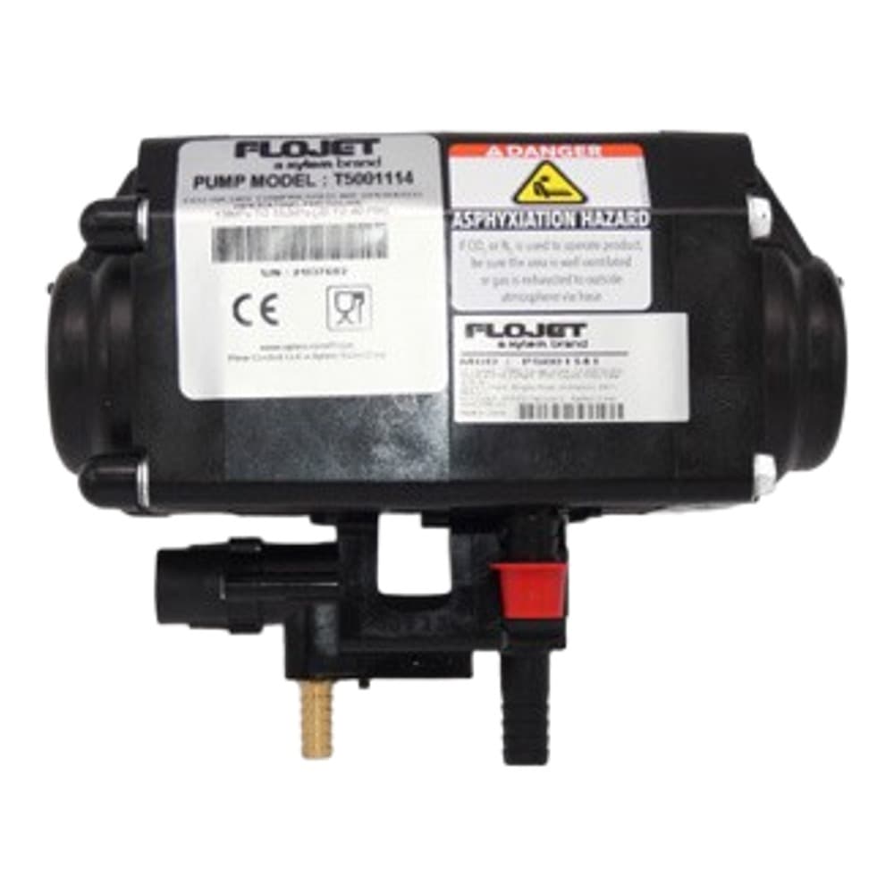 Black water pump unit with control module, labels and specifications visible against white background