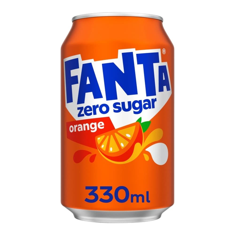 A 330ml can of Fanta Zero Sugar orange soft drink on a white background, featuring orange branding with a blue logo and orange slice imagery.