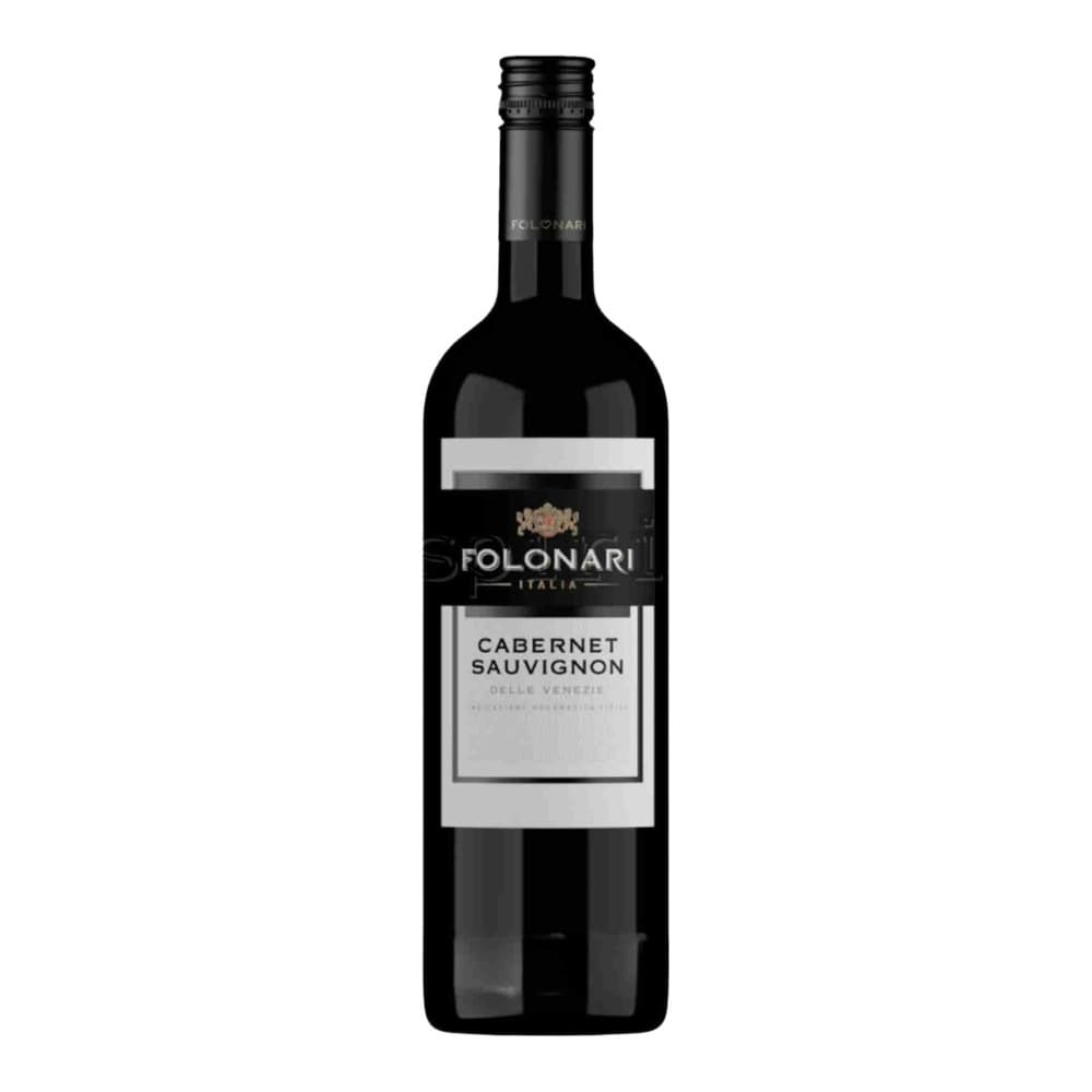 A bottle of Folonari Cabernet Sauvignon red wine from Italy with a black label against a white background.