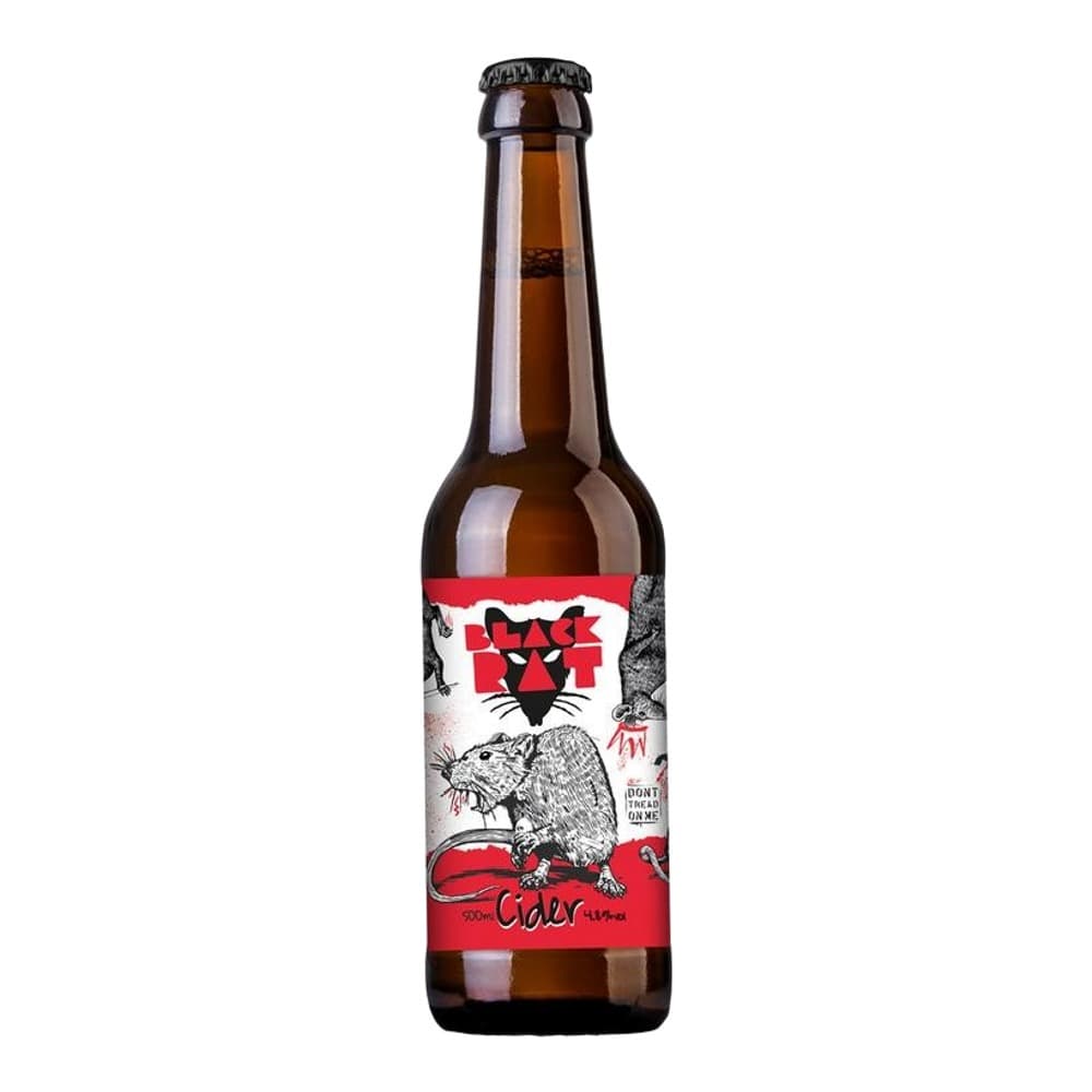 A brown glass bottle of Black Wolf Cider on a white background, featuring a red label with black wolf head logo and illustrated animal artwork.