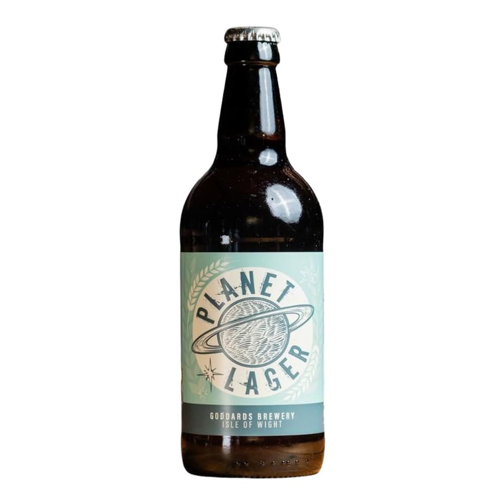 A dark glass bottle of Planet Lager beer with a turquoise label featuring a planet design, produced by Goddards Brewery on the Isle of Wight, isolated on a white background.
