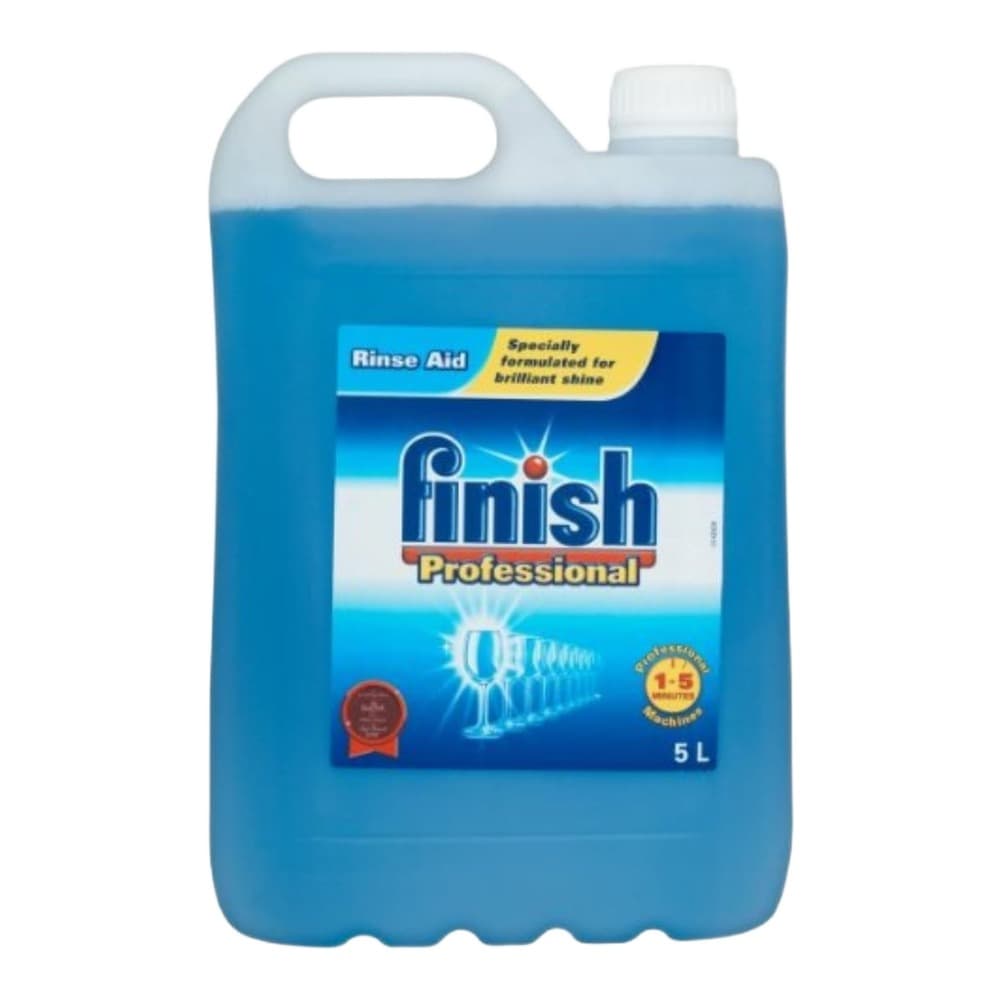 A large blue plastic bottle of Finish Professional Rinse Aid for dishwashers, featuring a white handle and label on a white background.