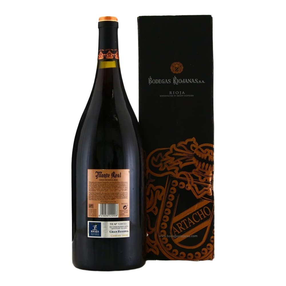 A bottle of Bodegas Riojanas Monte Real Gran Reserva red wine displayed next to its black presentation box with ornate gold design, against a white background.