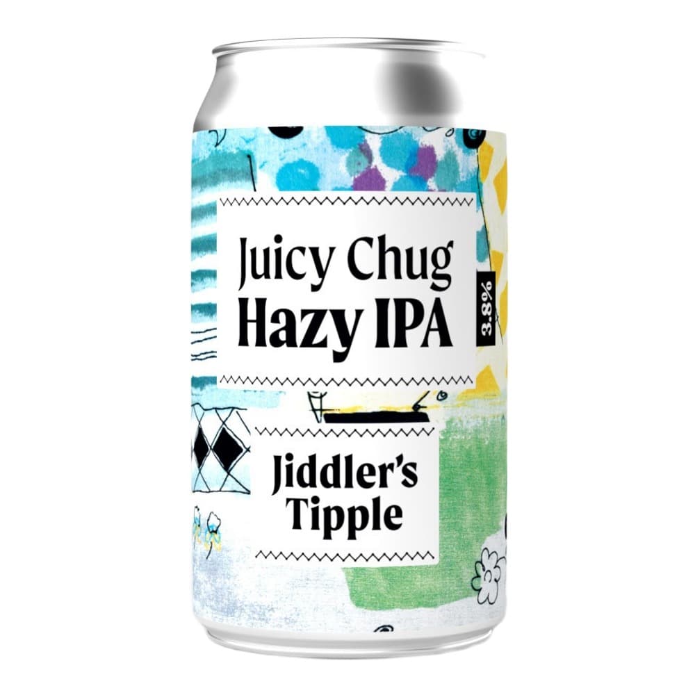 A colourful aluminium beer can featuring the Juicy Chug Hazy IPA label by Jiddler's Tipple brewery, displayed against a plain white background.