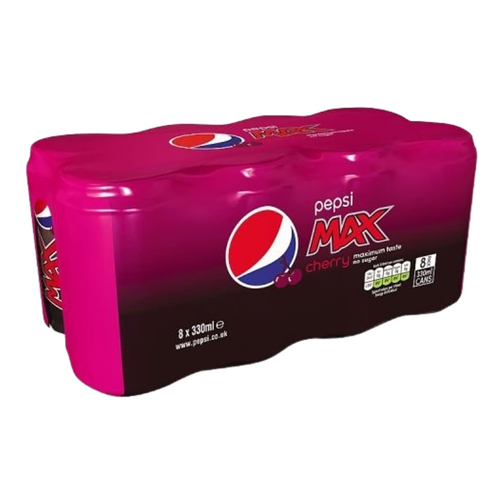 A six-pack of bright pink Pepsi Max Cherry 330ml cans against a white background.