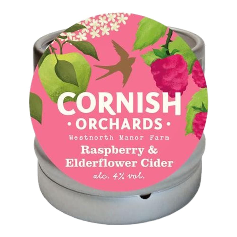 A Cornish Orchards Raspberry & Elderflower Cider keg with pink label featuring raspberries and elderflowers, isolated on white background.