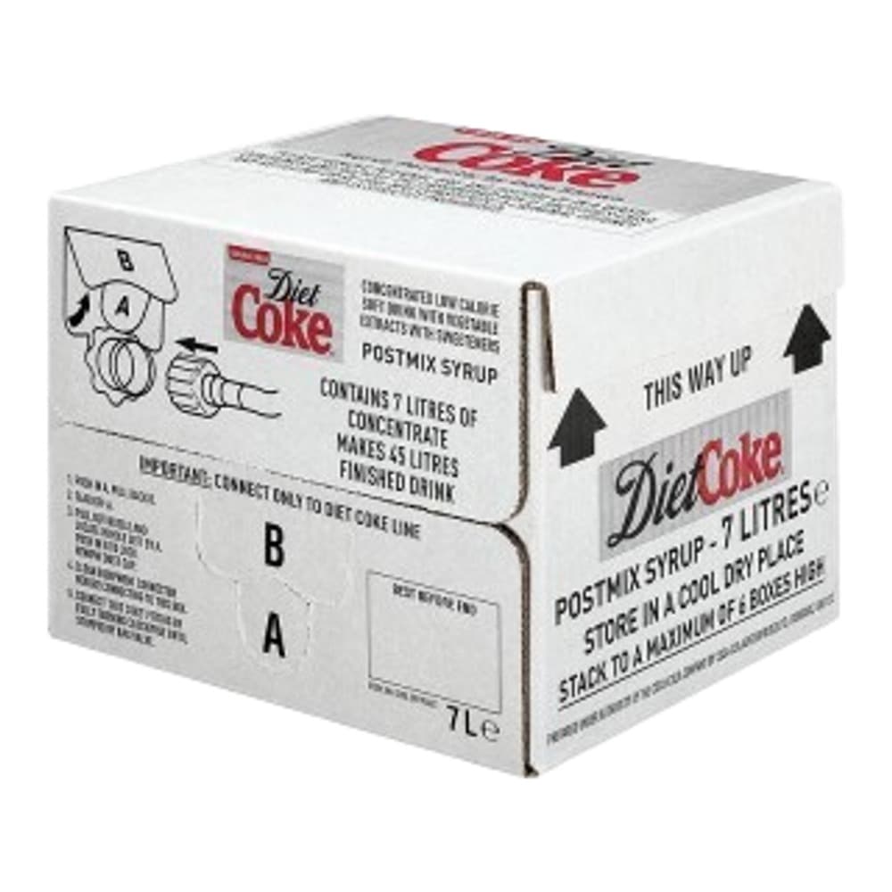 A white cubic bag-in-box container of Diet Coke postmix syrup concentrate, 7 litres, with red and black branding and product information labels visible on multiple sides.