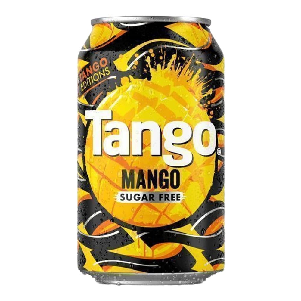 A Tango Mango Sugar Free fizzy drink can featuring bold yellow mango imagery and black background, isolated on white.