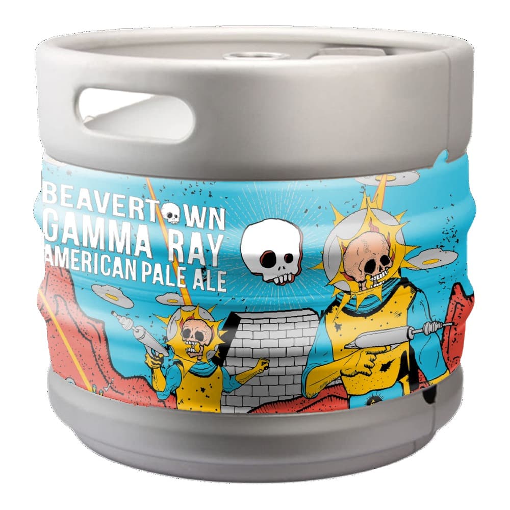 White metal beer keg with blue label featuring cartoon skull and character artwork for Beavertown Gamma Ray American Pale Ale