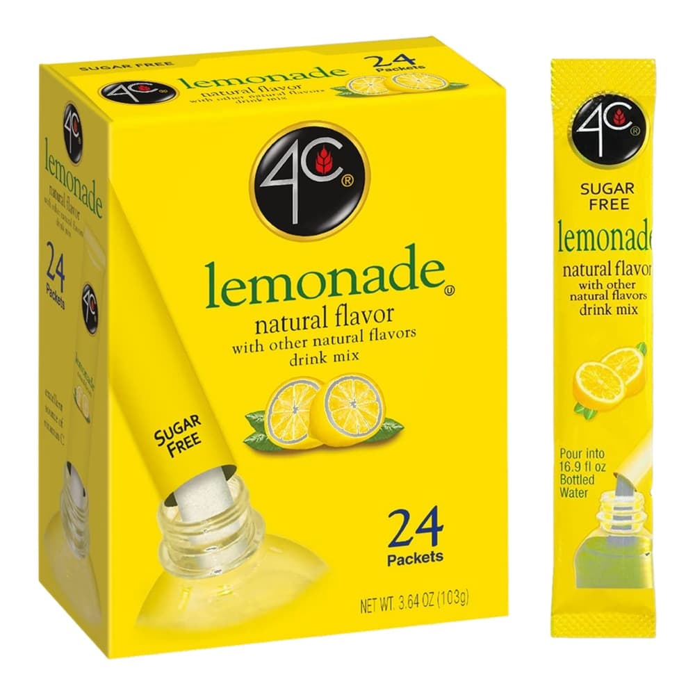 Yellow box and individual packet of 4C brand sugar-free lemonade drink mix with natural flavour, featuring lemon slice imagery on white background.