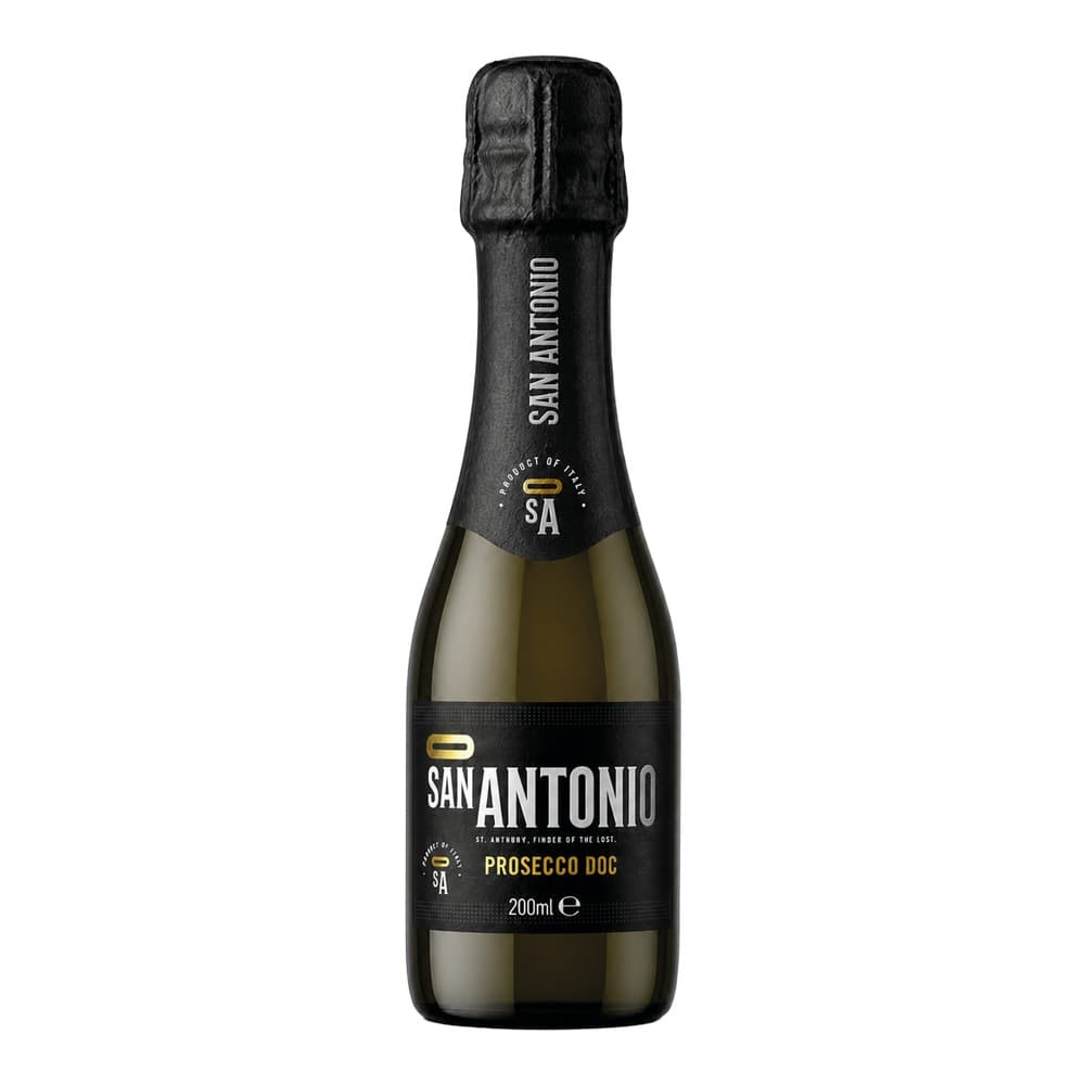 A 200ml bottle of San Antonio Prosecco DOC sparkling wine against a white background, featuring a black foil-wrapped cap and black label with gold text.