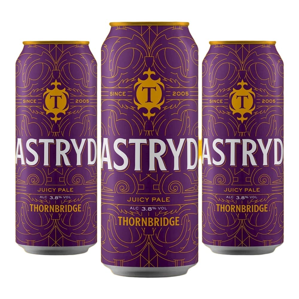 Three purple and gold canned beers from Astryd Juicy Pale Ale by Thornbridge brewery, arranged against a golden yellow background.