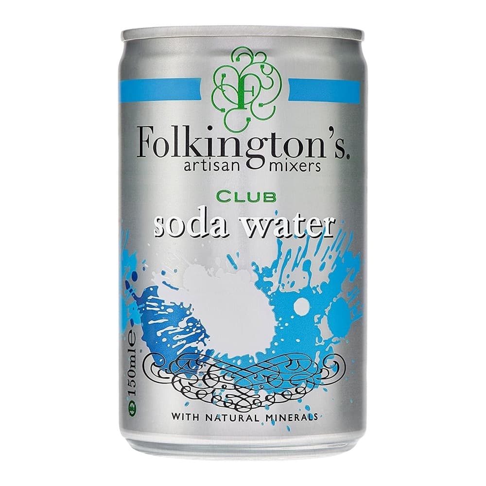 A silver aluminium can of Folkington's Club Soda Water with blue accents and decorative water splash design, isolated on white background.