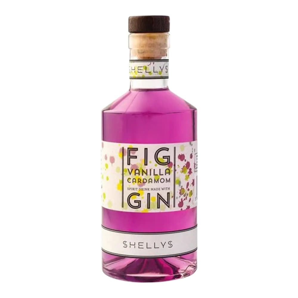 A bottle of Shellys Fig Vanilla Cardamom flavoured gin with vibrant magenta liquid, displayed against a white background with a dark wooden cap.