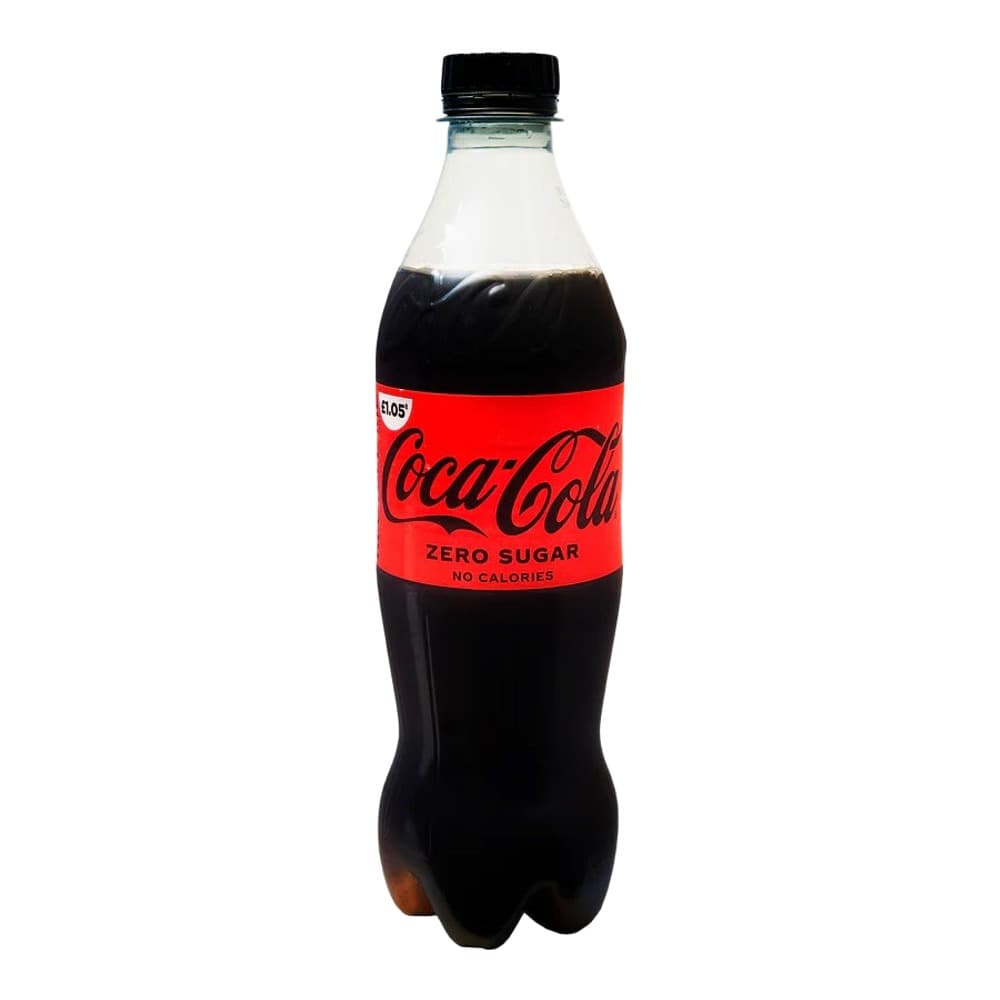 A single plastic bottle of Coca-Cola Zero Sugar with a black cap against a white background, displaying the iconic red label.