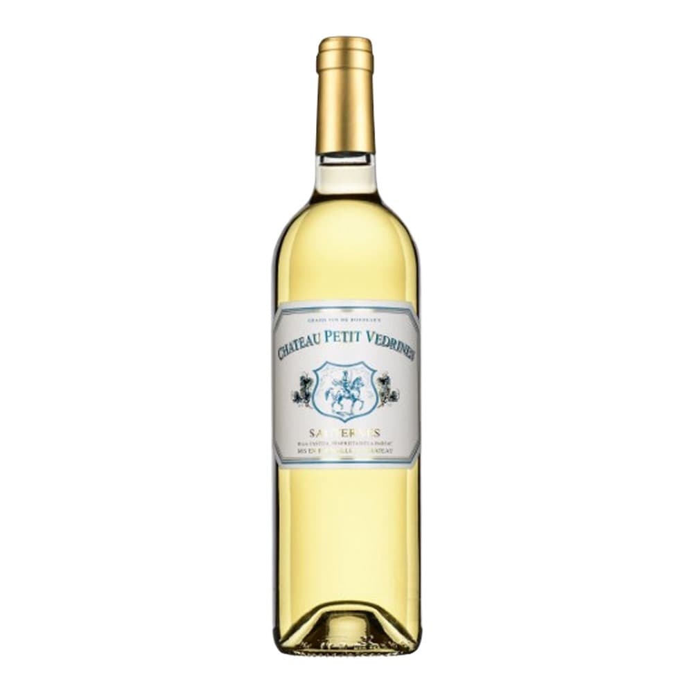 A bottle of Château Petit Vedrines Sauternes white wine with gold foil cap and label, isolated on white background