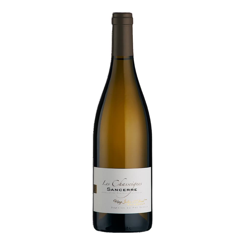 A bottle of Les Chasseignes Sancerre white wine with a pale yellow-green wine visible through the glass, set against a plain white background.