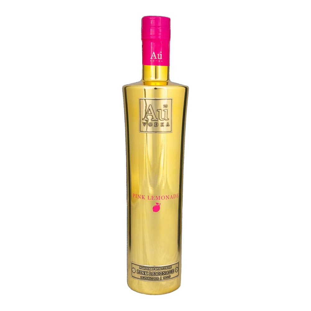 A bottle of Aii vodka with a pink cap and gold label featuring pink lemonade flavour, photographed against a white background.