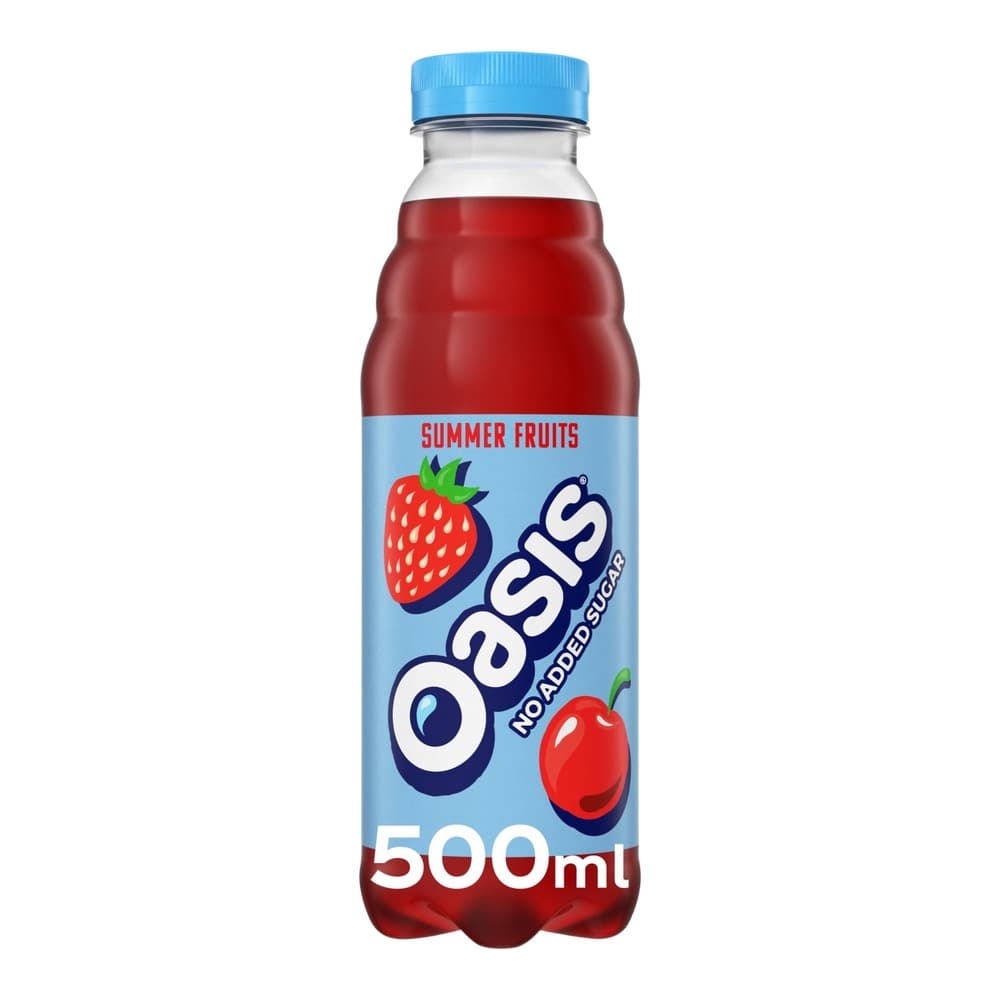 A 500ml plastic bottle of Oasis Summer Fruits juice drink with a blue label, featuring strawberry and plum illustrations, filled with red juice and topped with a blue screw cap on a white background.