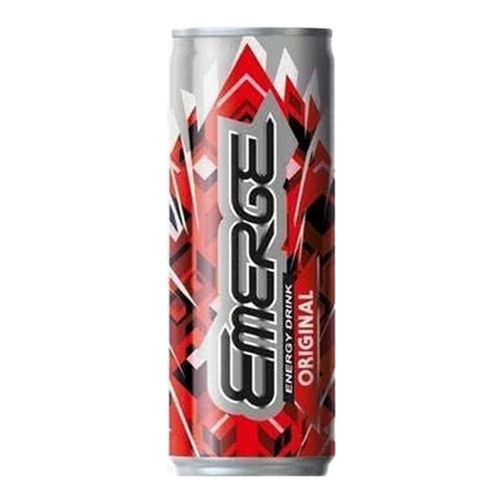 A red and silver aluminium can of Emerge Original energy drink displayed against a plain white background