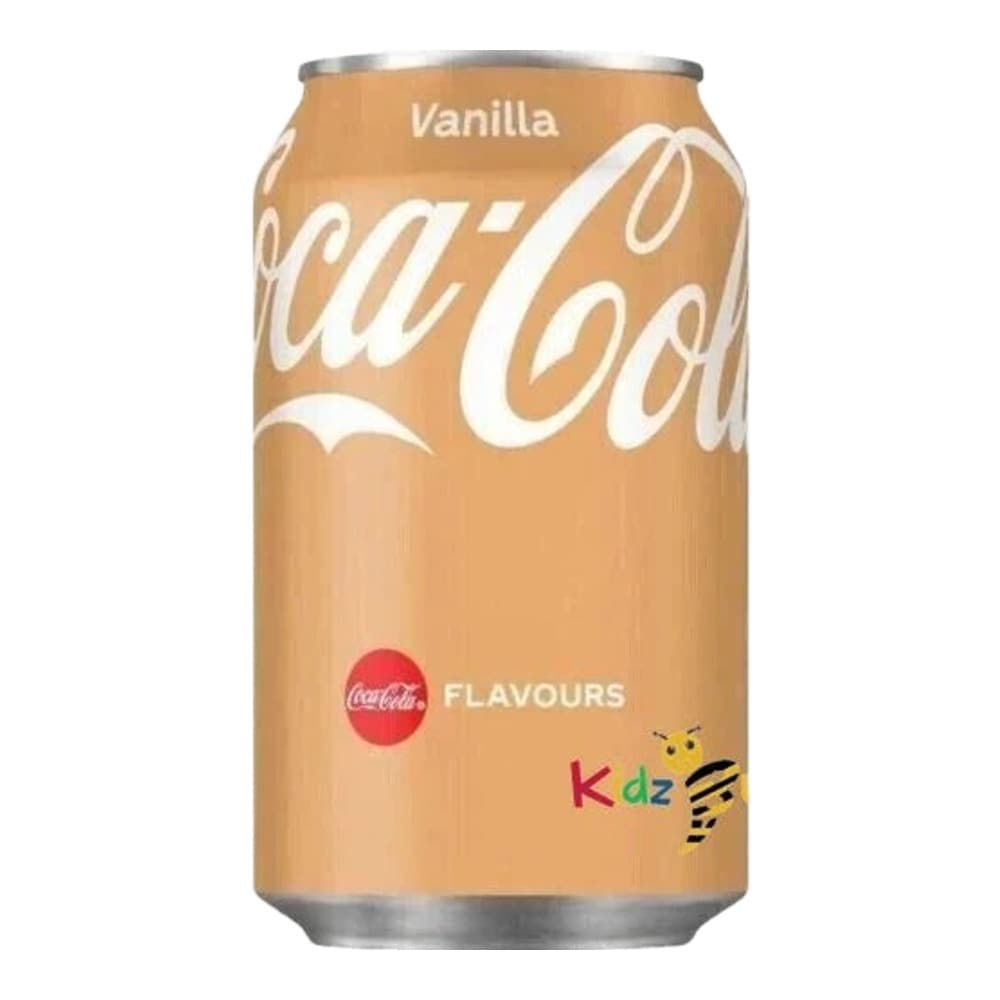 A single 330ml can of Coca-Cola Vanilla flavoured soft drink against a plain white background.
