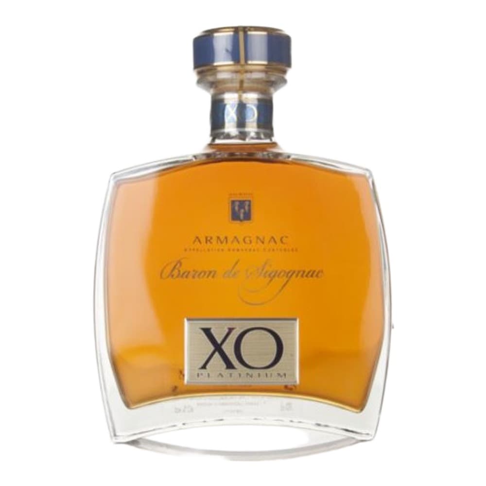 A bottle of Baron d'Arignac XO Armagnac with golden-amber liquid, navy and gold cap, displayed against a white background.