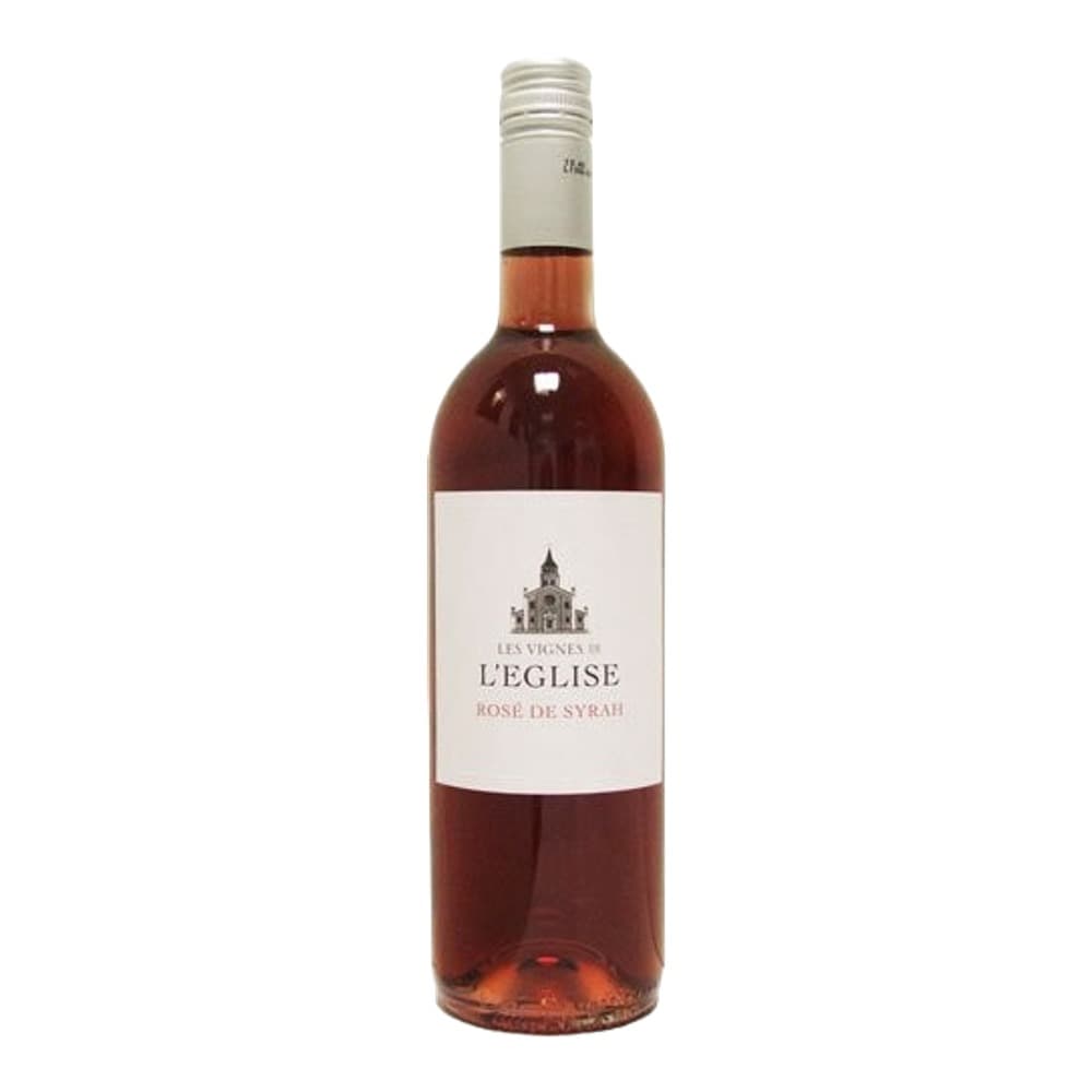 A bottle of Les Vignes de L'Église rosé wine made from Syrah grapes, displayed against a white background.