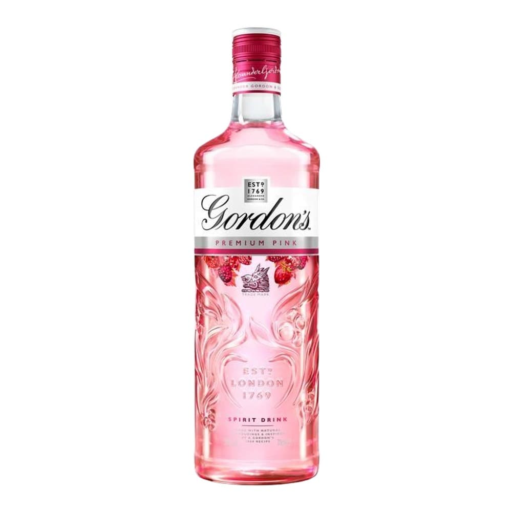 A bottle of Gordon's Premium Pink gin on a white background, featuring a pink label with ornate design and red cap.