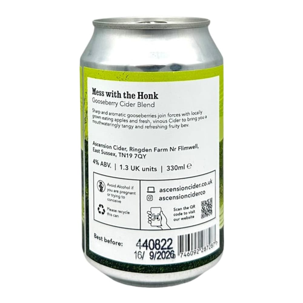 A 330ml aluminium can of Mess with the Honk gooseberry cider blend on a plain white background, featuring a yellow-green label with product information and branding.