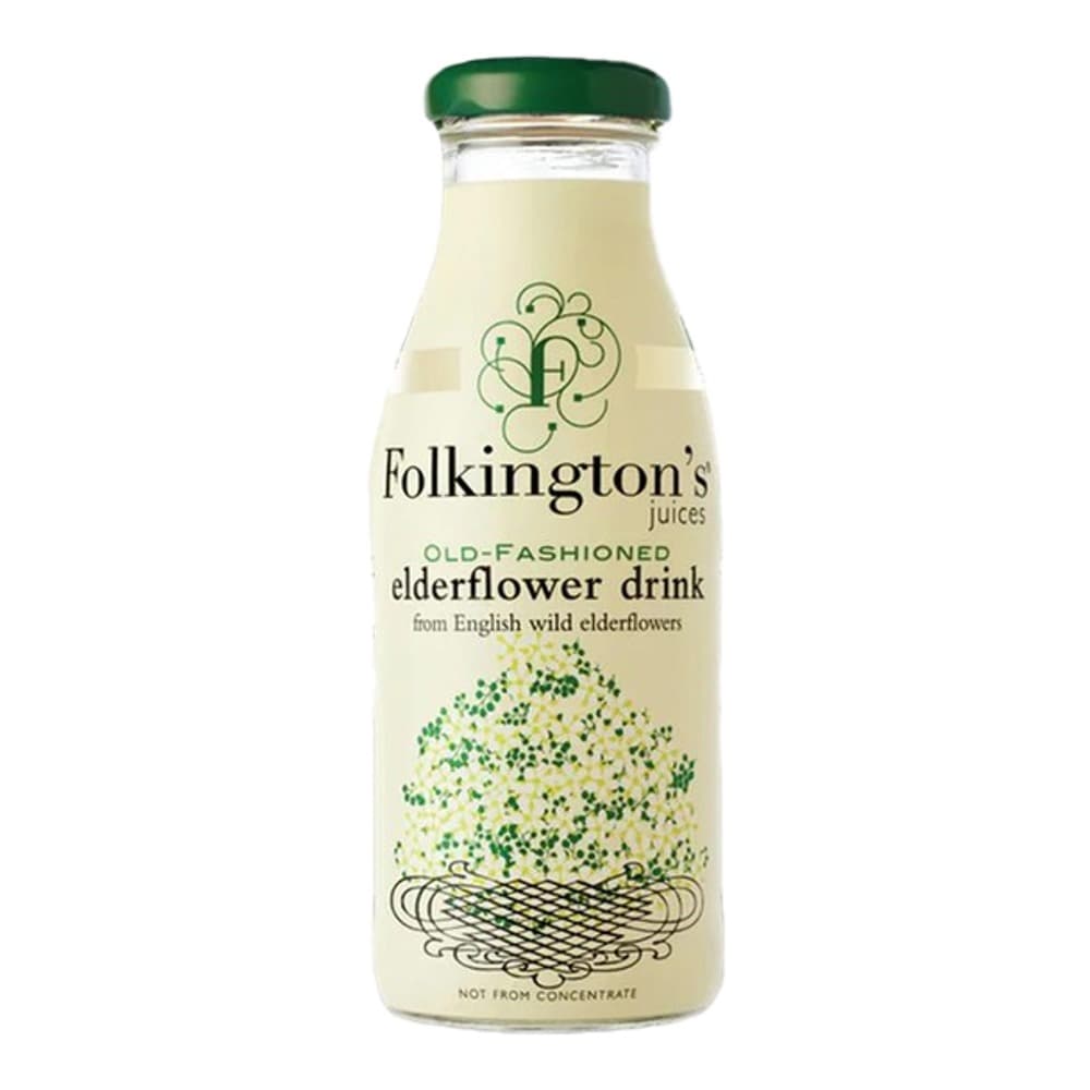 A glass bottle of Folkington's elderflower drink with a green cap on a white background, featuring decorative botanical illustrations and text describing it as made from English wild elderflowers.