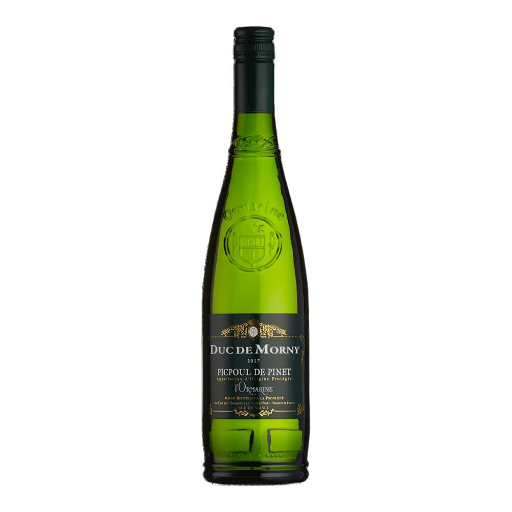A bottle of Duc de Morny Picpoul de Pinet white wine from 2017, featuring a bright green glass bottle with a black label and gold embossing, photographed against a white background.