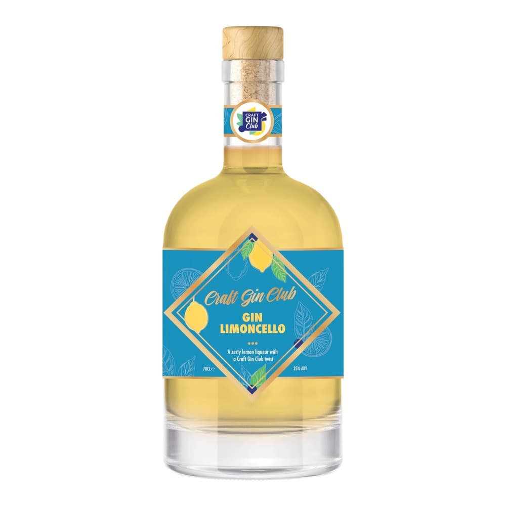 A bottle of Craft Gin Club Gin Limoncello with a pale yellow liquid, featuring a blue and gold diamond-shaped label with lemon illustrations, wooden cork stopper, on a white background.