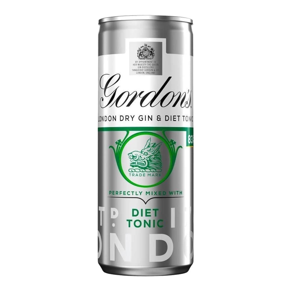 A silver aluminium can of Gordon's London Dry Gin and Diet Tonic pre-mixed cocktail on a white background